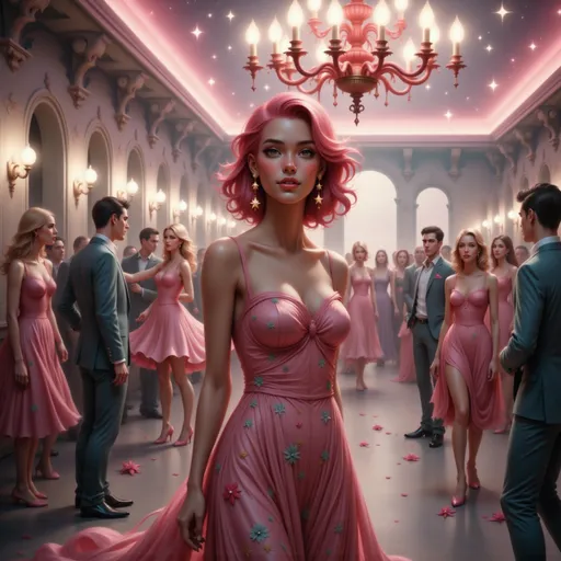 Prompt: A woman in a floral dress standing confidently in a chic room full of bustling, vibrant people, an ornate chandelier hanging from the ceiling, capturing the essence of the kitsch movement. The scene is enhanced by the colorful and playful energy of pop art, as if infused with fashion photography flair; ultra-detailed, dynamic composition, celebrating bold colors and striking contrasts.