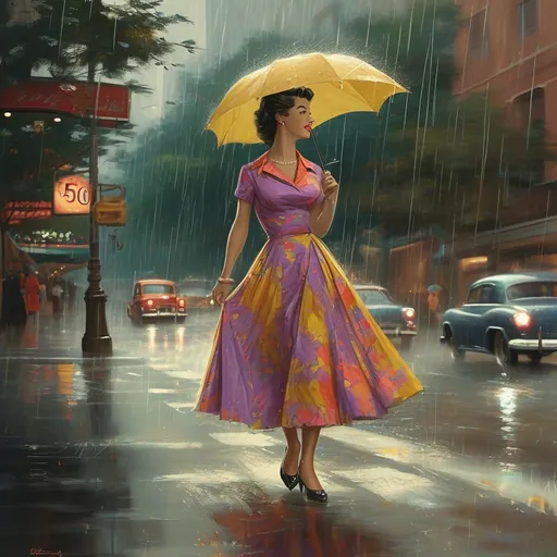 Prompt: an elegant woman of the 50's in a colorful dress is walking down the street in the rain on a rainy day in a city, Artgerm, kitsch movement, highly detailed digital painting, a photorealistic painting