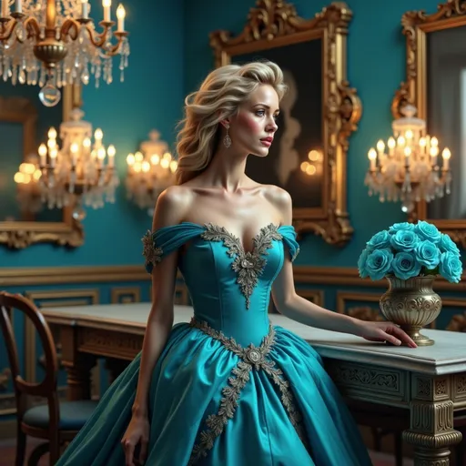 Prompt: In a lavishly decorated room, a regal figure stands gracefully, adorned in a striking turquoise gown that accentuates her elegance. The dress features intricate embellishments and off-the-shoulder sleeves, enhancing her refined look as she gazes softly, embodying a sense of poise and beauty. Surrounding her, plush velvet drapes the walls in a rich hue, while ornate chandeliers cast a warm glow, illuminating the opulent details of the space. A vase overflowing with striking blue roses sits on a beautifully crafted table, harmonizing with her attire and adding to the romantic ambiance. The entire scene exudes a fairy-tale charm, enveloping the viewer in a moment of timeless grace and sophistication.