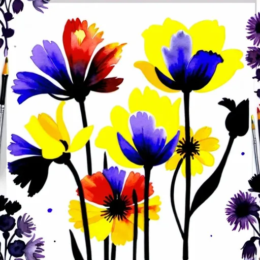 Prompt: PROMPT: Watercolor painting of three flowers. The flowers are in various stages of bloom, with the yellow one appearing fully open, while the other two are more closed. The stems are a soft gray, and the background is a light purple that transitions to a white on the right side, dark gray letters above the flowers, ultra detail, hyper realistic, 4k, --aspect 7:4