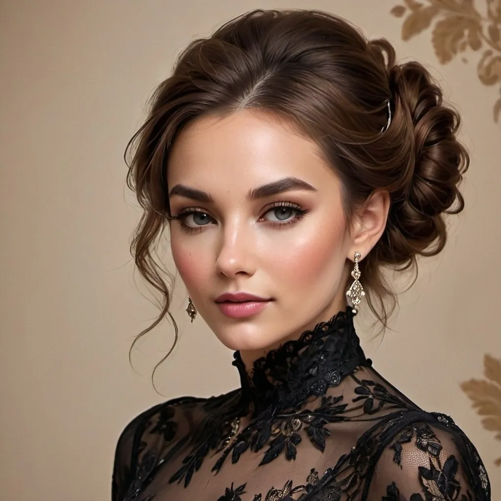 Prompt: Fancy lady, elegant gown with intricate lace details, opulent jewelry, glamorous evening setting, high fashion, luxurious fabrics, exquisite makeup and hairstyle, high quality, detailed, glamorous, elegant style, warm tones, soft and sophisticated lighting
