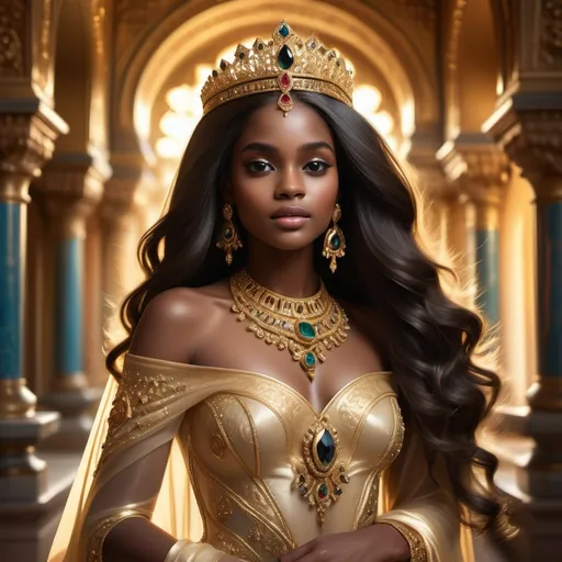 Prompt: A stunning ebony-skinned princess, adorned with exquisite jewels, captivating expression, long flowing hair intricately styled, soaked in golden light, lush royal garments embellished with sparkling gems, opulent regal background with grand architecture, serene atmosphere conveying elegance and grace, ultra-detailed, high resolution, vibrant colors, majestic vibe.