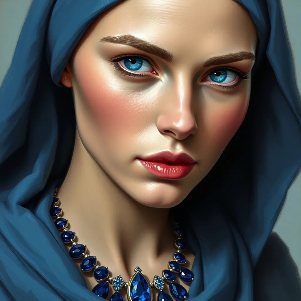 Prompt: a woman with blue eyes wearing a blue head scarf and a sapphire necklace, Art Brenner, figurative art, highly detailed digital painting, a photorealistic painting