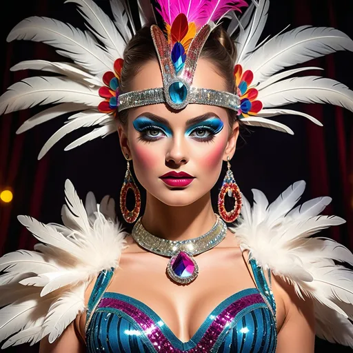 Prompt: (flamboyant show girl), vibrant colors, sparkling costumes, elaborate feathered headdress, dramatic lighting, dynamic pose, glamorous stage setting, intense spotlight, captivating expression, luxurious sequins, high-energy, lively background, circus-inspired ambiance, ultra-detailed, high quality, electrifying atmosphere, vivid emotional depth.