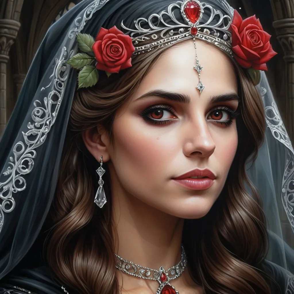 Prompt: a painting of a woman wearing a tiara and a veil with a rose on it's head, Anne Stokes, gothic art, highly detailed digital painting, a digital painting