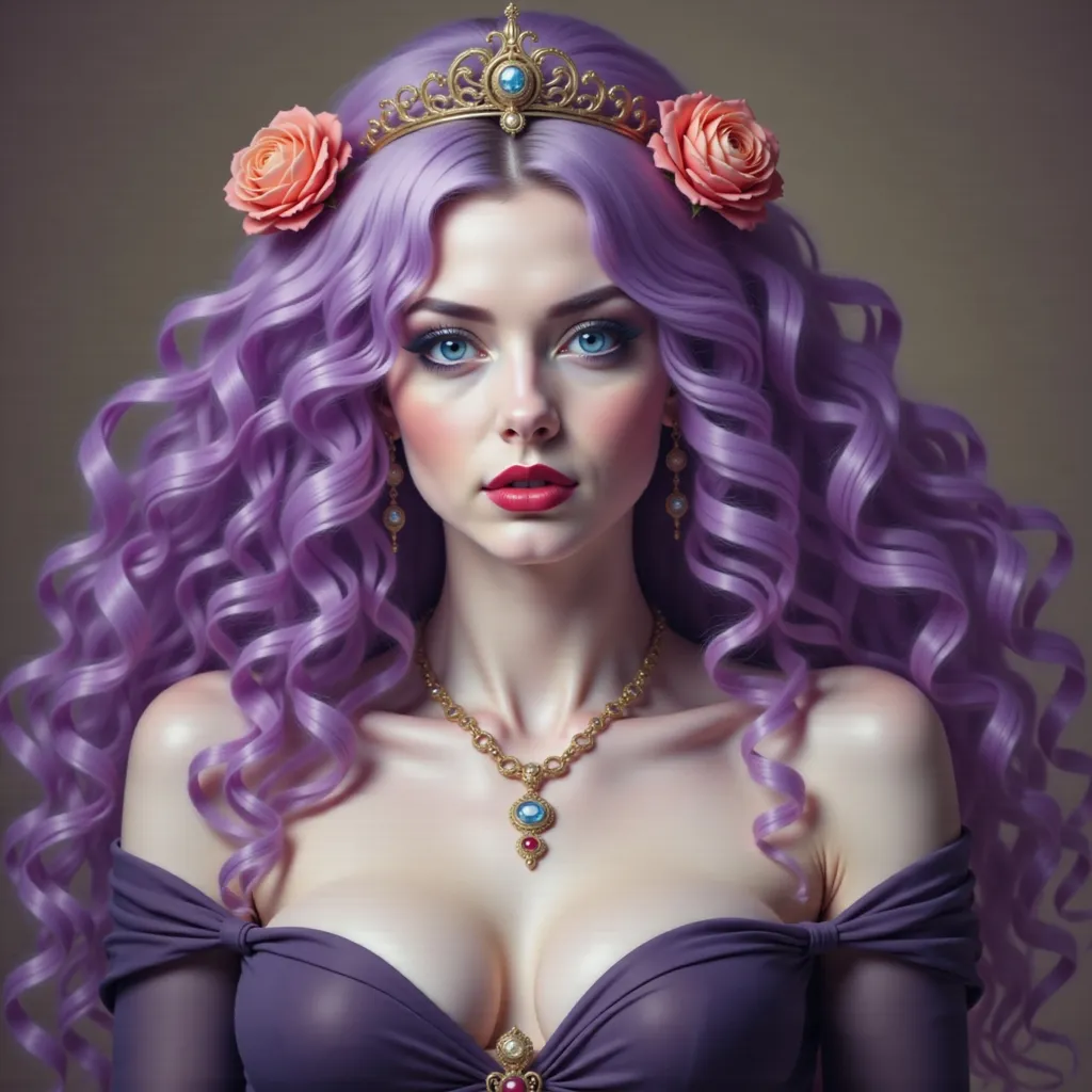 Prompt: a painting of a woman with purple hair and a crown on her head, holding a rose in her hand, Charlie Bowater, fantasy art, trending on art station, a character portrait