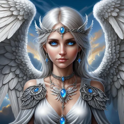 Prompt: an enthereal angel with blue eyes and a necklace and silver wings on her back, with a sky background, Anne Stokes, fantasy art, highly detailed digital painting, a detailed painting