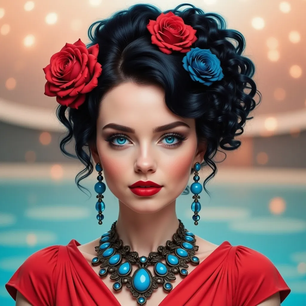 Prompt: a woman with a red dress and a flower in her hair with a blue necklace and red roses in her hair, Anne Stokes, pop surrealism, highly detailed digital painting, a photorealistic painting