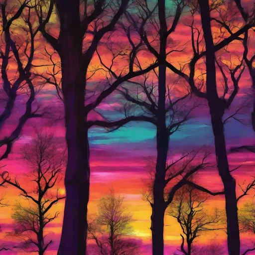 Prompt: A colorful sunset peeking between trees, vibrant colors, high quality, digital painting, detailed tree silhouettes, warm and intense glow, nature, landscape, scenic, sunset, vibrant colors, high contrast, digital art, detailed, atmospheric lighting