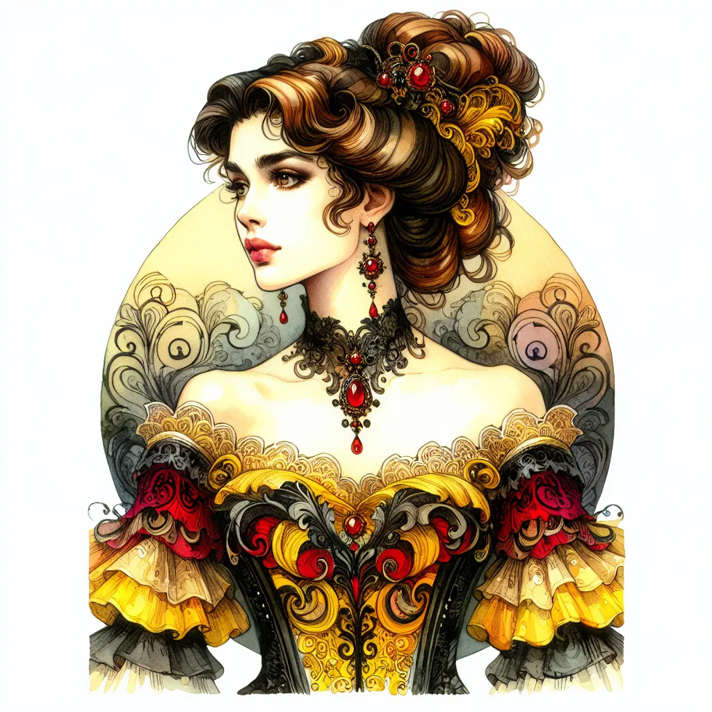 Prompt: <mymodel> beautiful woman, hair pinned up, yellow red black dress, earrings, Watercolor, trending on artstation, sharp focus, studio photo, intricate details, highly detailed, by  Josephine Wall and Jasmine Becket-Griffith