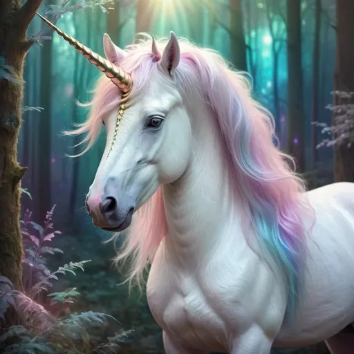 Prompt: Majestic unicorn with iridescent fur, enchanting forest setting, whimsical fantasy art style, vibrant pastel tones, ethereal lighting, detailed mane and horn, surreal, high quality, fantasy, enchanting, iridescent fur, detailed mane, whimsical, pastel tones, vibrant, ethereal lighting, forest setting