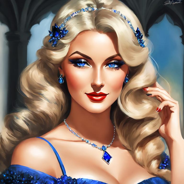 Prompt: Glamorously dressed lady of rhe 1930's wearing sapphire jewelry,blue eyes