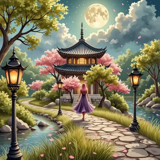 Prompt: This is a digital illustration in a vibrant, fantasy style. The central figure is a woman with long, pink hair, wearing a flowing, dark purple dress. She stands with her back to the viewer, walking down a stone pathway that leads towards a traditional, multi-tiered Asian pagoda. The pagoda is illuminated by soft, golden lights, and its dark, intricately detailed roof contrasts with the bright, starry night sky. 

The pathway is flanked by cherry blossom trees in full bloom, their pink petals scattered on the ground and in the air. On either side of the pathway, there are ornate black lanterns emitting a warm, yellow glow. The background features a large, full moon glowing in the night sky, surrounded by fluffy clouds. The sky transitions from dark blue at the top to a lighter blue near the horizon, adding depth to the scene. 

The texture of the stone pathway is detailed, with individual stones visible. The cherry blossom trees have soft, delicate petals, and the lanterns have a slightly metallic, antique appearance. The overall atmosphere is serene and magical, with a sense of journey and wonder.
