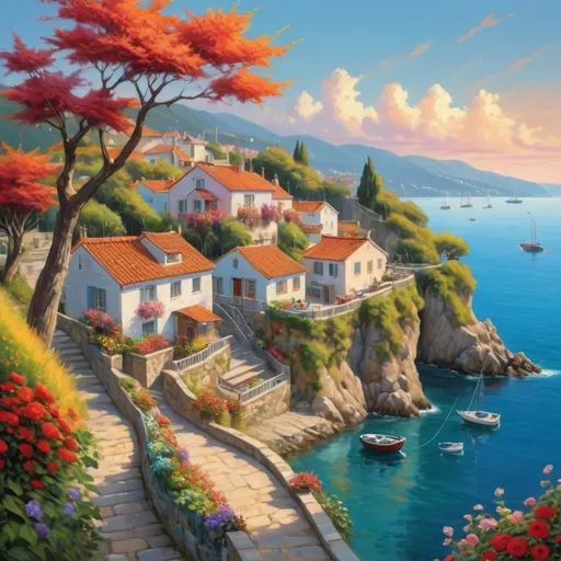 Prompt: Winding through a picturesque coastal village, a charming pathway adorned with vibrant flowers leads towards a serene harbor, where boats gently sway on the sparkling water. The buildings, whitewashed with red-tiled roofs, glow warmly in the evening light as the sun sets behind a distant hill, casting a golden hue across the sky filled with soft, wispy clouds. Lush greenery and colorful floral arrangements cascade from balconies, enriching the ambiance of tranquility and beauty. The inviting scene exudes a sense of peaceful warmth, celebrating the idyllic charm of a sunset in a Mediterranean paradise.