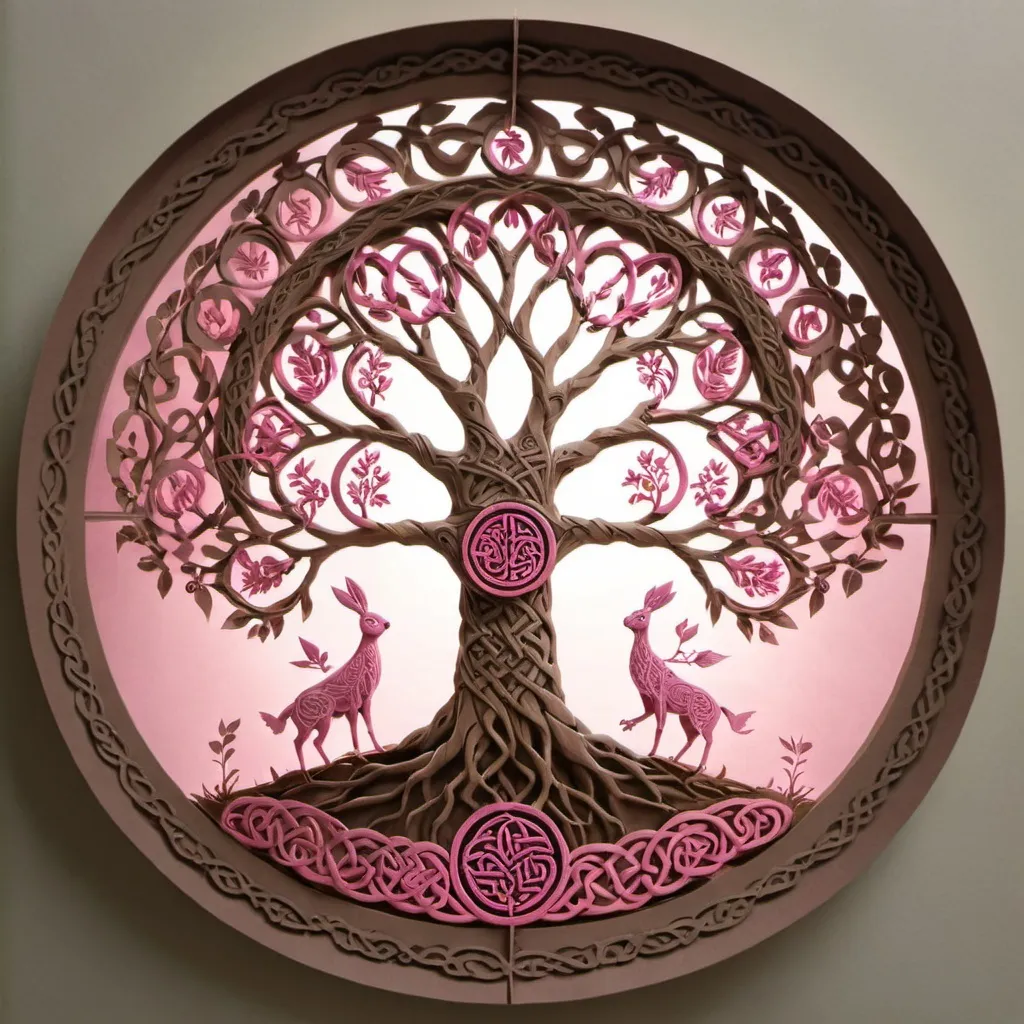 Prompt: A tree with pink foliage inside a celtic circle