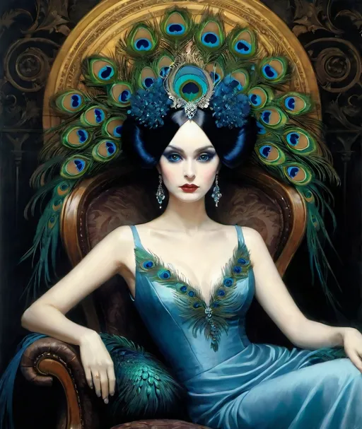 Prompt: a woman in a blue dress sitting on a chair with a peacock headpiece on her head, Daniel Merriam, gothic art, dark fantasy art, an art deco painting