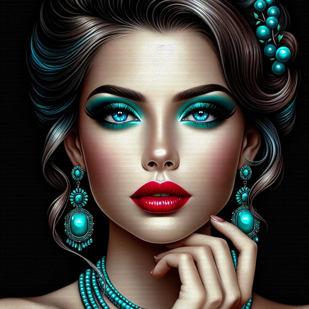 Prompt: a woman with  hair in a stylish updo ,turquoise eyeshadow, red lipstick, a turquoise necklace and earrings on with a black background, Edwin Georgi, fantasy art, highly detailed digital painting, a photorealistic painting