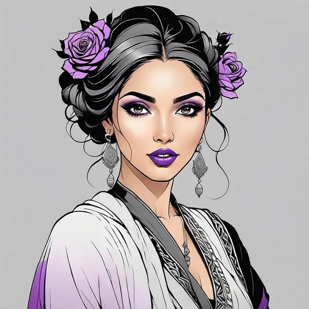 Prompt: middle eastern woman, Beautiful and Gorgeous, purple roses in hair