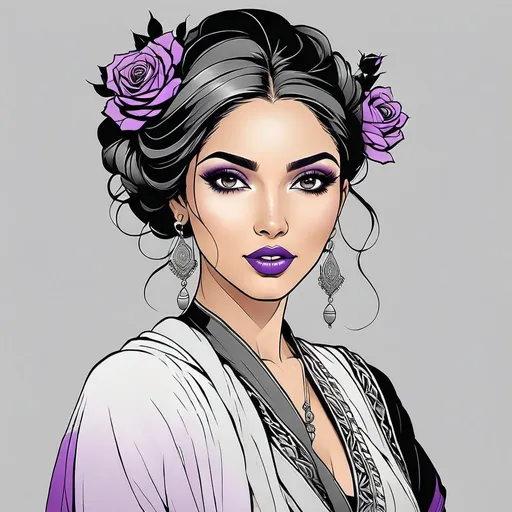 Prompt: middle eastern woman, Beautiful and Gorgeous, purple roses in hair