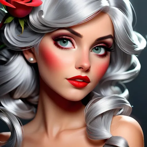 Prompt: A beautiful woman with shiny silver hair, beautiful makeup, wearing a red rose in her hair