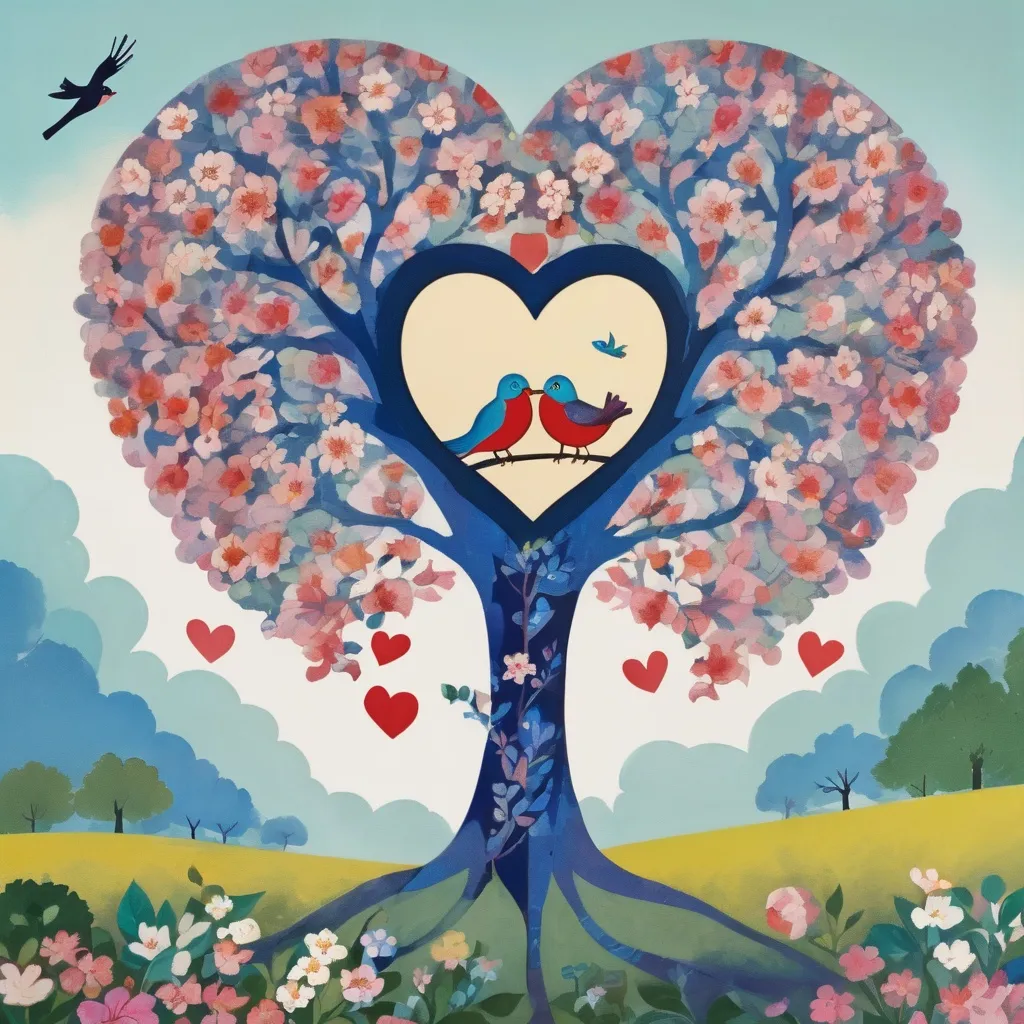 Prompt: a tree with two birds sitting on it and a heart shaped tree with flowers in the middle of it, Annabel Kidston, cloisonnism, book cover, a storybook illustration