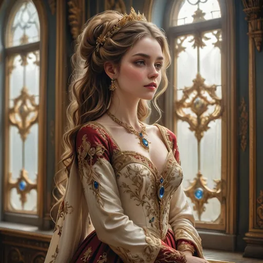 Prompt: A poised noblewoman stands elegantly within a lavishly adorned room, bathed in soft natural light filtering through tall windows that frame a picturesque garden. Clad in an opulent gown of rich crimson and cream, intricately designed with golden embroidery and a striking blue gem at the center, she embodies regal grace, her expression both confident and serene. Her hair is styled in loose waves, accentuated by a delicate tiara, while she lightly holds the fabric of her skirt, adding to her majestic presence. The ornate floral patterns and softly painted walls enhance the room's romantic atmosphere, suggesting a story of nobility and elegance in a bygone era. The overall mood is one of sophistication and timeless beauty, inviting viewers to imagine the history and intrigue behind her gaze.