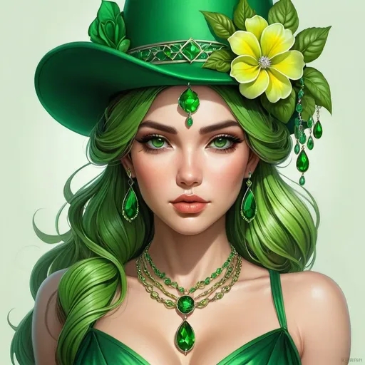 Prompt: a woman wearing a green hat and green jewelry with a flower on her head and a green dress and necklace, Artgerm, fantasy art, highly detailed digital painting, a detailed painting