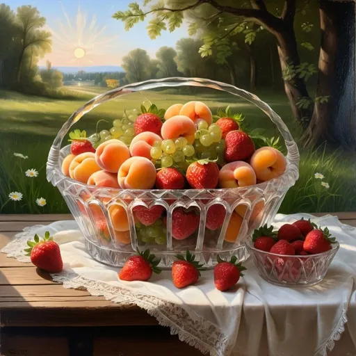 Prompt: 19th century oil painting, fresh-picked transparent crystal basket brimming with assorted transparent spring fruits, including luscious strawberries, juicy raspberries, and sun-kissed apricots. The transparent basket sits on a rustic wooden table outdoors with daisies in the grass and newly green trees visually peeking from behind, baroque style with chiaroscuro lighting effects 