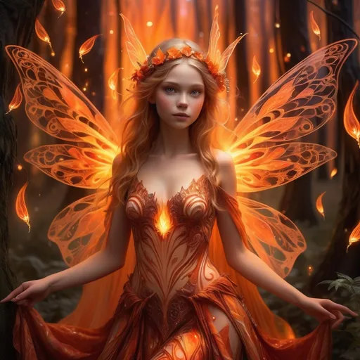 Prompt: Fire fairy princess, dazzling flames surrounding her, ethereal glow, intricate flame-patterned gown, vibrant oranges and reds contrasting with soft, warm lighting, magical aura, enchanting forest background, flickering fireflies illuminating the scene, evoking wonder and adventure, high detail, ultra-detailed, captivating atmosphere, whimsical vibe, fantasy theme, fantasy art.