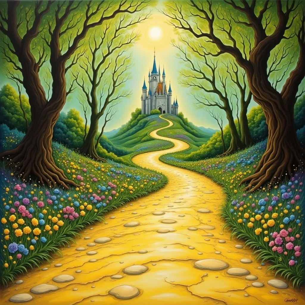 Prompt: a painting of a yellow road leading to a castle in the woods with trees and flowers on either side, Edward Otho Cresap Ord, II, magical realism, matte fantasy painting, a detailed matte painting