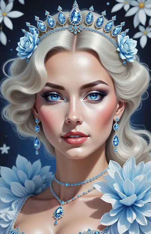 Prompt: a painting of a woman wearing a tiara and jewelry with blue eyes and a pink dress with ruffled sleeves, Edwin Georgi, fantasy art, highly detailed digital painting, a detailed painting