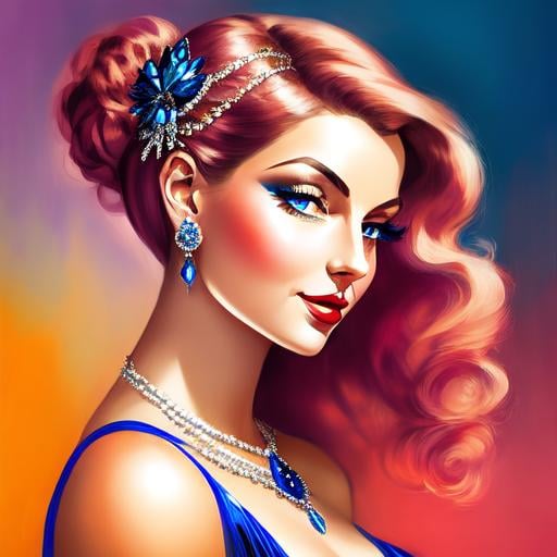 Prompt: Glamorously dressed lady of rhe 1930's wearing sapphire jewelry,blue eyes