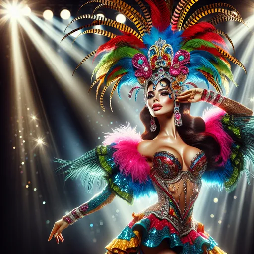 Prompt: (flamboyant show girl), vibrant colors, sparkling costumes, elaborate feathered headdress, dramatic lighting, dynamic pose, glamorous stage setting, intense spotlight, captivating expression, luxurious sequins, high-energy, lively background, circus-inspired ambiance, ultra-detailed, high quality, electrifying atmosphere, vivid emotional depth.