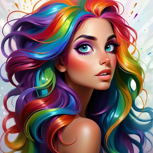 Prompt: Colorful digital painting of a vibrant young woman, flowing rainbow hair, twinkles, expressive eyes, whimsical fantasy setting, high-quality, digital painting, colorful, vibrant, flowing hair, expressive eyes, whimsical, fantasy, detailed, professional, bright colors, atmospheric lighting