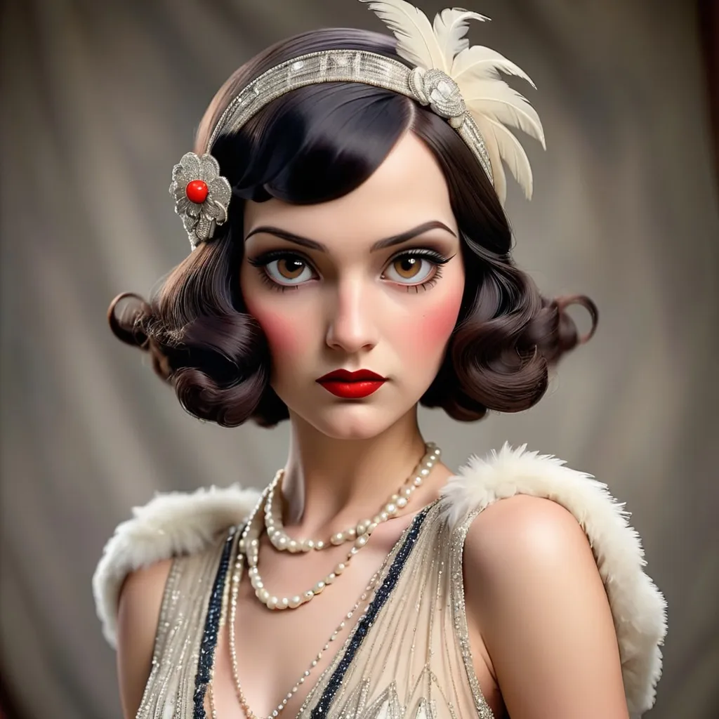 Prompt:  a beautiful 1920's flapper with dark brown eyes perfect cherry red lips wearing a very beautiful formal gown