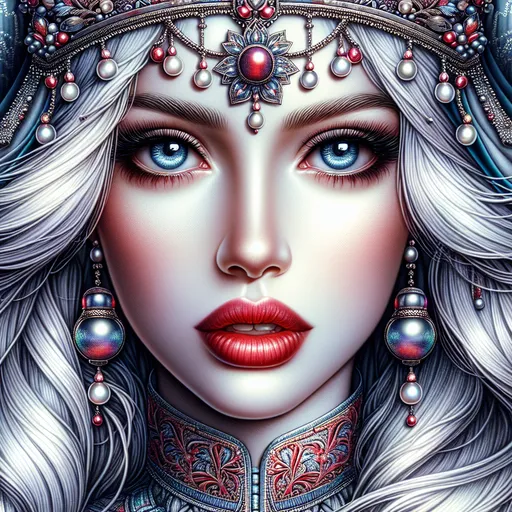 Prompt: a woman with  white hair, blue eyes, a tiara and pearls on her head and a red lip and a blue dress with a red and white collar, Anne Stokes, gothic art, highly detailed digital painting, a detailed painting