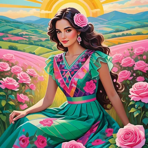 Prompt: Seated gracefully amidst a vibrant field of pink flowers, a young woman captivates with her striking elegance. Her dark, wavy hair is adorned with a large pink rose, while her distinctive dress features a kaleidoscope of colors and patterns, marked by bold geometric shapes contrasted against delicate stripes. The background showcases a lush landscape of rolling green hills beneath a sunny sky, creating a serene yet cheerful atmosphere. The artwork's use of rich colors and soft lines lends a sense of dreamy beauty, inviting the viewer into this picturesque scene imbued with a touch of nostalgia. The overall mood is both enchanting and tranquil, evoking a sense of timeless grace.