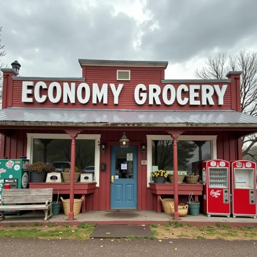 Prompt: A charming grocery store stands prominently with a weathered façade painted in  red, highlighting the large white letters spelling "ECONOMY GROCERY." The building, reminiscent of a quaint rural setting.  There are soda machines on the porch. There are empty bushel baskets and a rugged bench in front.The covered porch invites patrons to pause. The sky overhead is overcast, casting a soft, diffused light on the building, enhancing its nostalgic appeal. This picturesque composition evokes a sense of community and warmth, suggesting a reliance on local commerce.