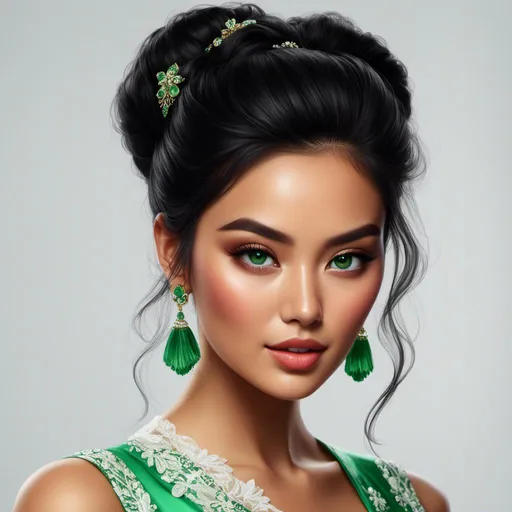 Prompt: <mymodel>Detailed illustration of a asian woman in vibrant green attire, large vivid green eyes, elegant makeup, digital painting, high resolution, realistic style, vibrant green, professional lighting