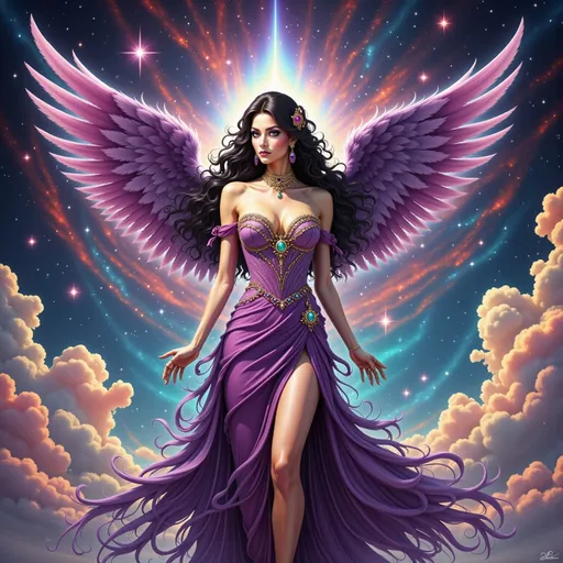 Prompt: A winged woman with raven black hair and purple eyes, adorned with amethyst jewels, wearing a flowing purple gown standing in an ethereal nebula background, full body, highres, detailed, fantasy, vibrant colors, flowing and ethereal clothes, radiant lighting, majestic, surreal, paradise setting, 