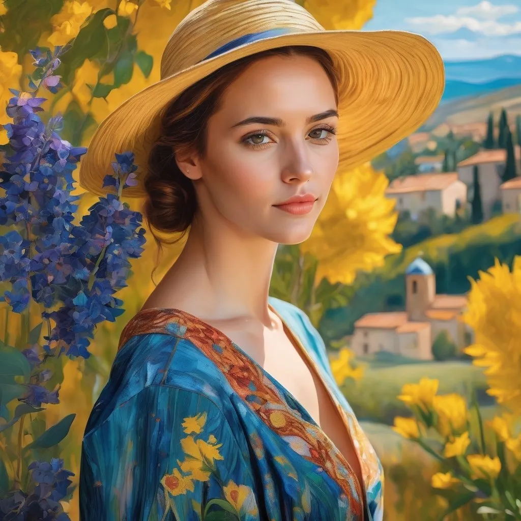 Prompt: <mymodel>Beautiful italian lady in an beautiful landscape of Umbrië, Style Flora Bowley and Vincent van Gogh,8k, dynamic lighting, ultra detailed