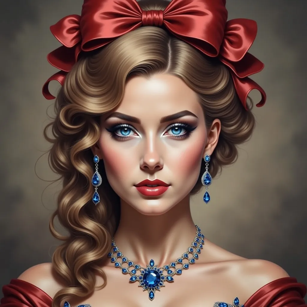 Prompt: a woman with a red bow and a necklace on her neck and a red dress on her shoulders Charlie Bowater, rococo, highly detailed digital painting, a photorealistic painting