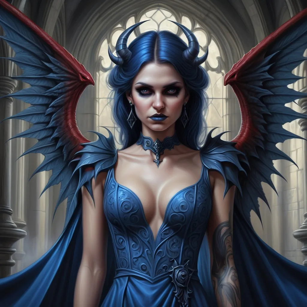 Prompt: a woman with a blue dress and a devilish head and wings on her body,  Anne Stokes, gothic art, highly detailed digital painting, a detailed painting