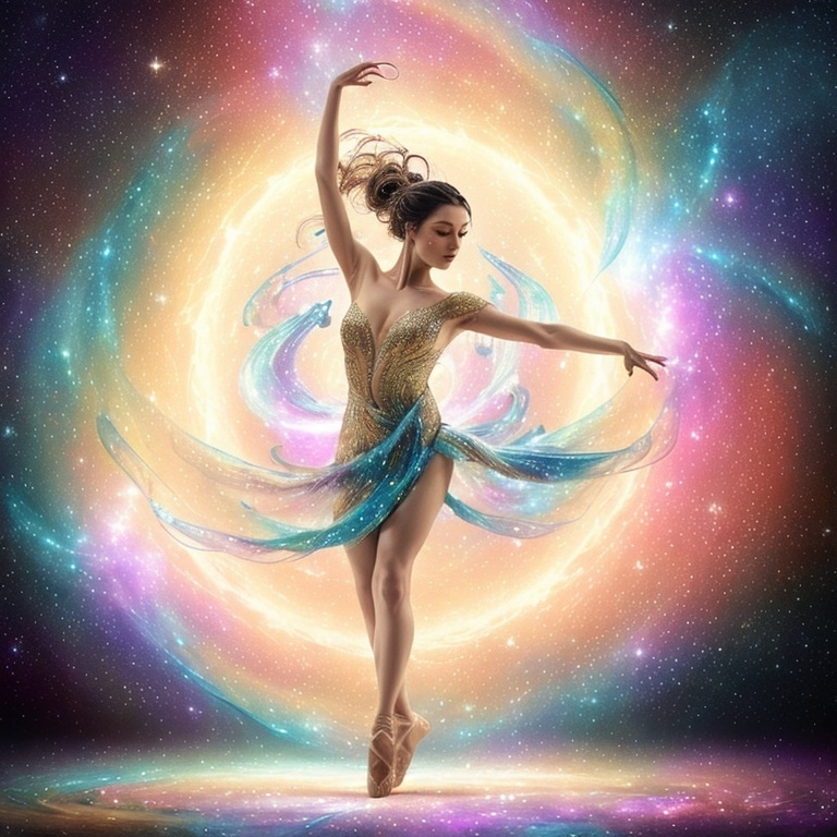 Prompt: a stunning depiction of a dancer whose flowing movements create beautiful, swirling galaxies. The dancer's form and dress are painted with stars and cosmic dust, illustrating the harmony between human expression and the universe. Light background 