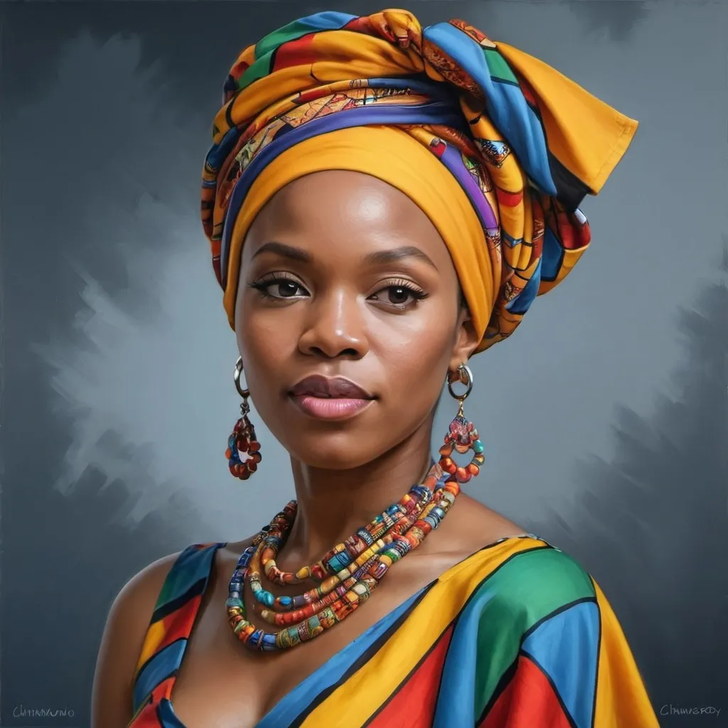 Prompt: a woman with a colorful head wrap and earrings on her head, wearing a colorful dress and a necklace, Chinwe Chukwuogo-Roy, photorealism, highly detailed digital painting, a photorealistic painting