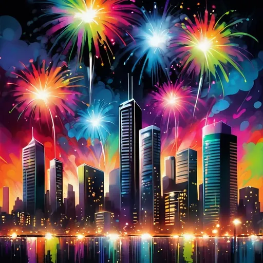 Prompt: cityscape with fireworks, high quality, graffiti style, vibrant tones, urban lighting