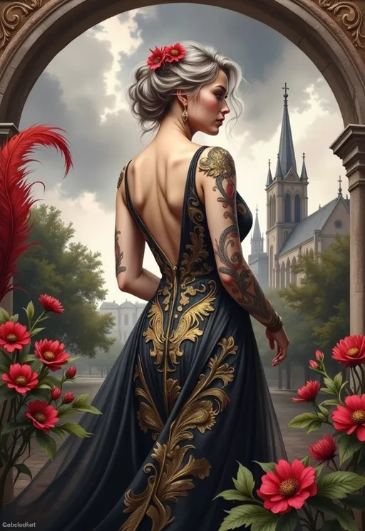 Prompt: This is a highly detailed digital painting in a fantasy-realism style. The central figure is a fair-skinned woman with silver-blonde hair elegantly styled in an updo adorned with red flowers. She stands with her back to the viewer, looking over her left shoulder, revealing a low-cut, backless gown that is black with intricate gold floral patterns. The gown's fabric drapes gracefully.She wears gold drop earrings that complement the ornate design of her dress.

The background features a Gothic-style church with a tall spire, situated on the right side of the image, partially obscured by trees and foliage. The sky is overcast with gray clouds, adding a moody atmosphere to the scene. In the foreground, vibrant red flowers with green leaves frame the bottom of the image, and a large red feather adds an exotic touch on the left side. An ornate archway with gold detailing surrounds the woman, adding a sense of depth and framing the scene. The overall composition combines elements of fantasy, romance, and elegance, with a focus on the woman's graceful pose and the detailed, ornate elements of her attire and surroundings.