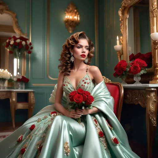 Prompt: Draped in a luxurious mint green gown adorned with intricate floral embellishments and sparkling jewels, the striking figure exudes elegance as she sits poised in an opulent room. Her cascading auburn curls frame a flawless complexion highlighted by bold red lips and dramatic earrings, while a bouquet of red and cream roses rests gently in her lap. The room is rich with color, featuring deep green walls, ornate gold fixtures, and a classic wooden dresser, all accentuating the vintage charm of the setting. Warm, inviting lighting casts a soft glow, enhancing the lavish atmosphere and creating a sense of nostalgia and beauty, as the mirror reflects the intricate details of the decor and her exquisite attire. This captivating scene conveys a narrative of timeless grace and sophistication, drawing the viewer into a world of refined glamour.