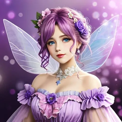 Prompt: purple, pink and blue flower fairy