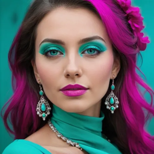 Prompt: A beautiful woman in colors of turquoise and magenta